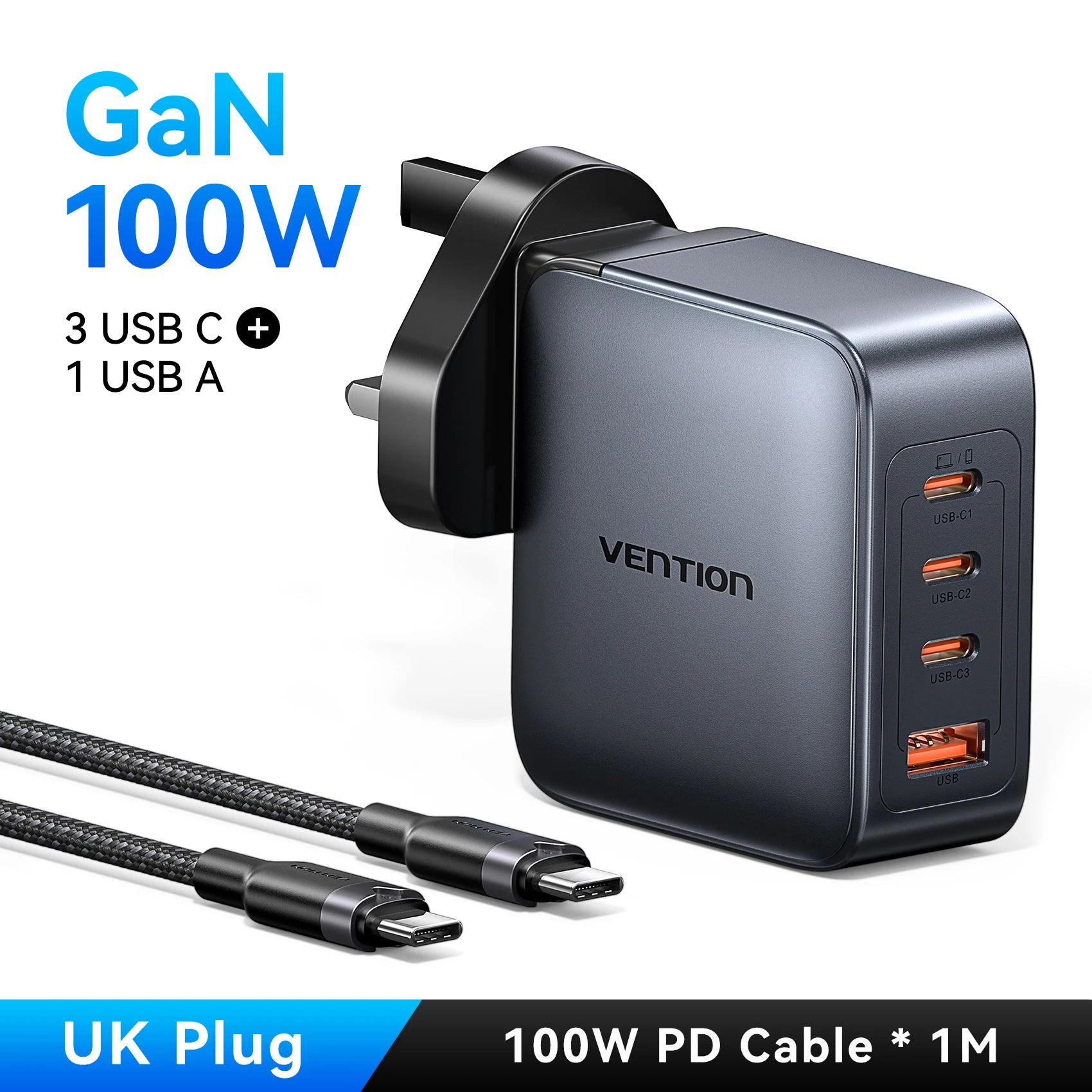 Vention 100W GaN Charger 4-Port (3 USB-C + 1 USB-A) Fast Charging Adapter for Laptop, Smartphone & Tablet