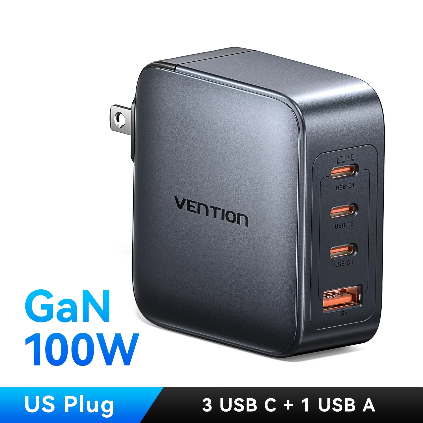 Vention 100W GaN Charger 4-Port (3 USB-C + 1 USB-A) Fast Charging Adapter for Laptop, Smartphone & Tablet