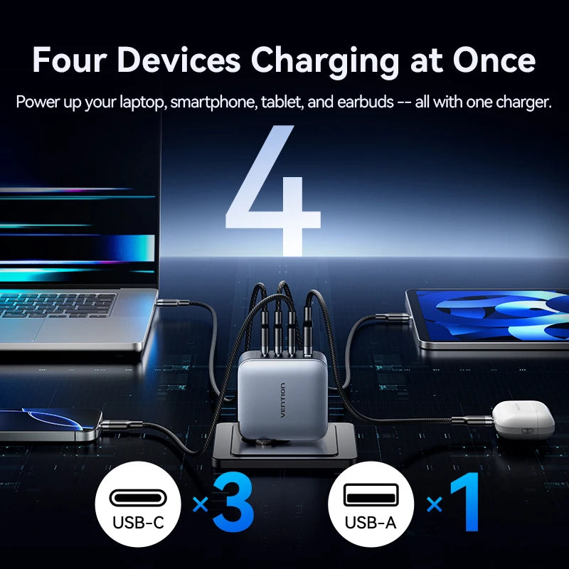Vention 100W GaN Charger 4-Port (3 USB-C + 1 USB-A) Fast Charging Adapter for Laptop, Smartphone & Tablet