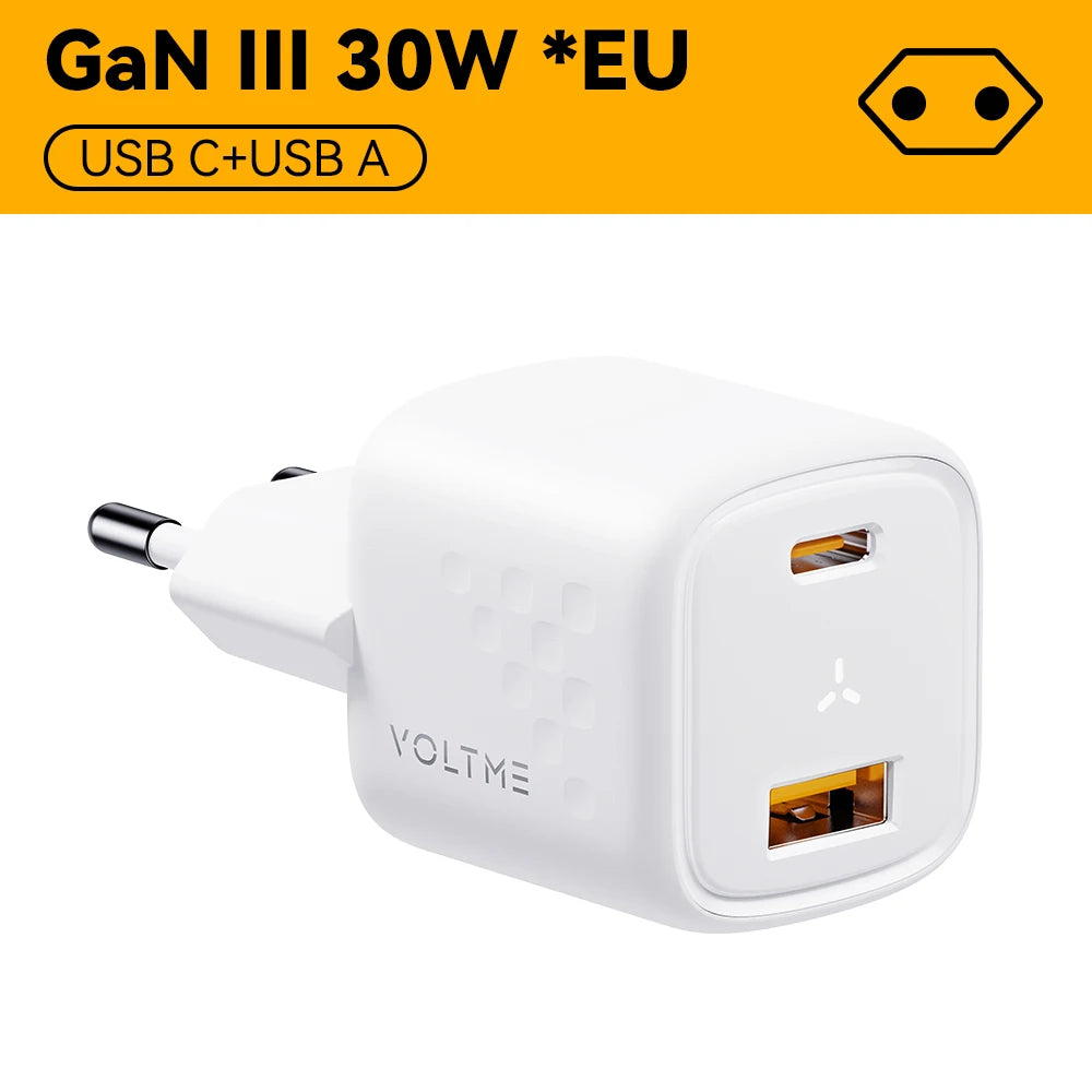 VOLTME 30W GaN Charger USB A + USB C Charger Fast Charging PD 3.0 QC 4.0+ Support PPS AFC FCP SCP MTK For iPhone 15 14 Pro Max
