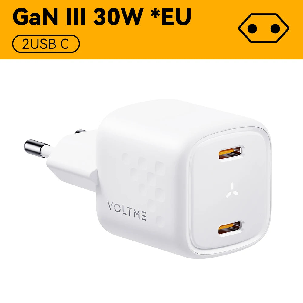 VOLTME 30W GaN Charger USB A + USB C Charger Fast Charging PD 3.0 QC 4.0+ Support PPS AFC FCP SCP MTK For iPhone 15 14 Pro Max