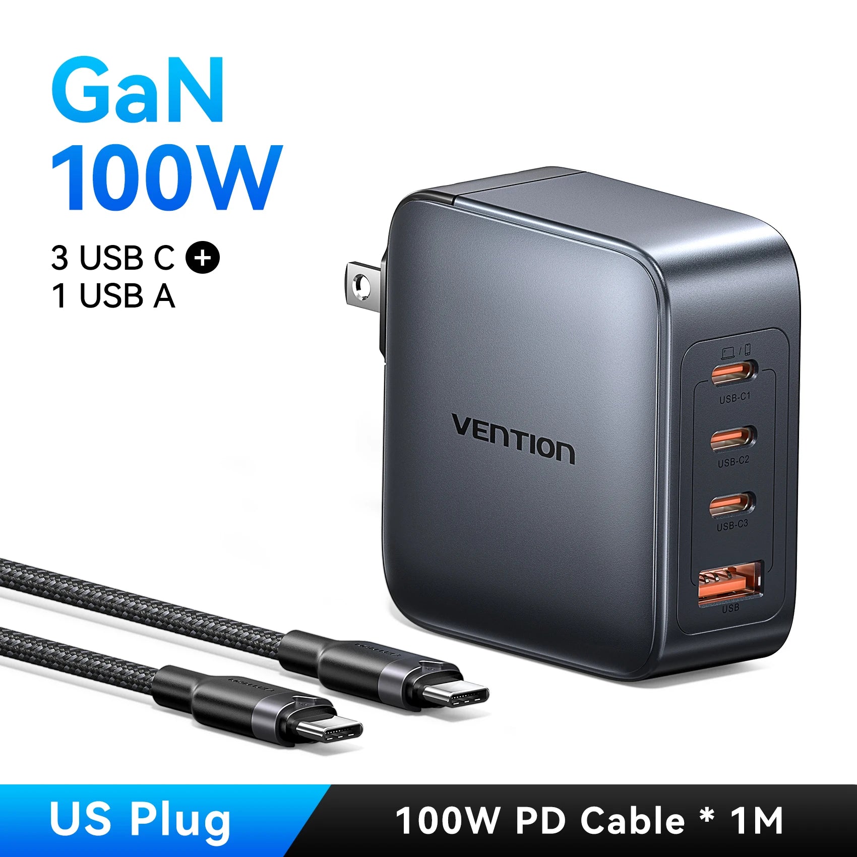 Vention 100W GaN Charger 4-Port (3 USB-C + 1 USB-A) Fast Charging Adapter for Laptop, Smartphone & Tablet