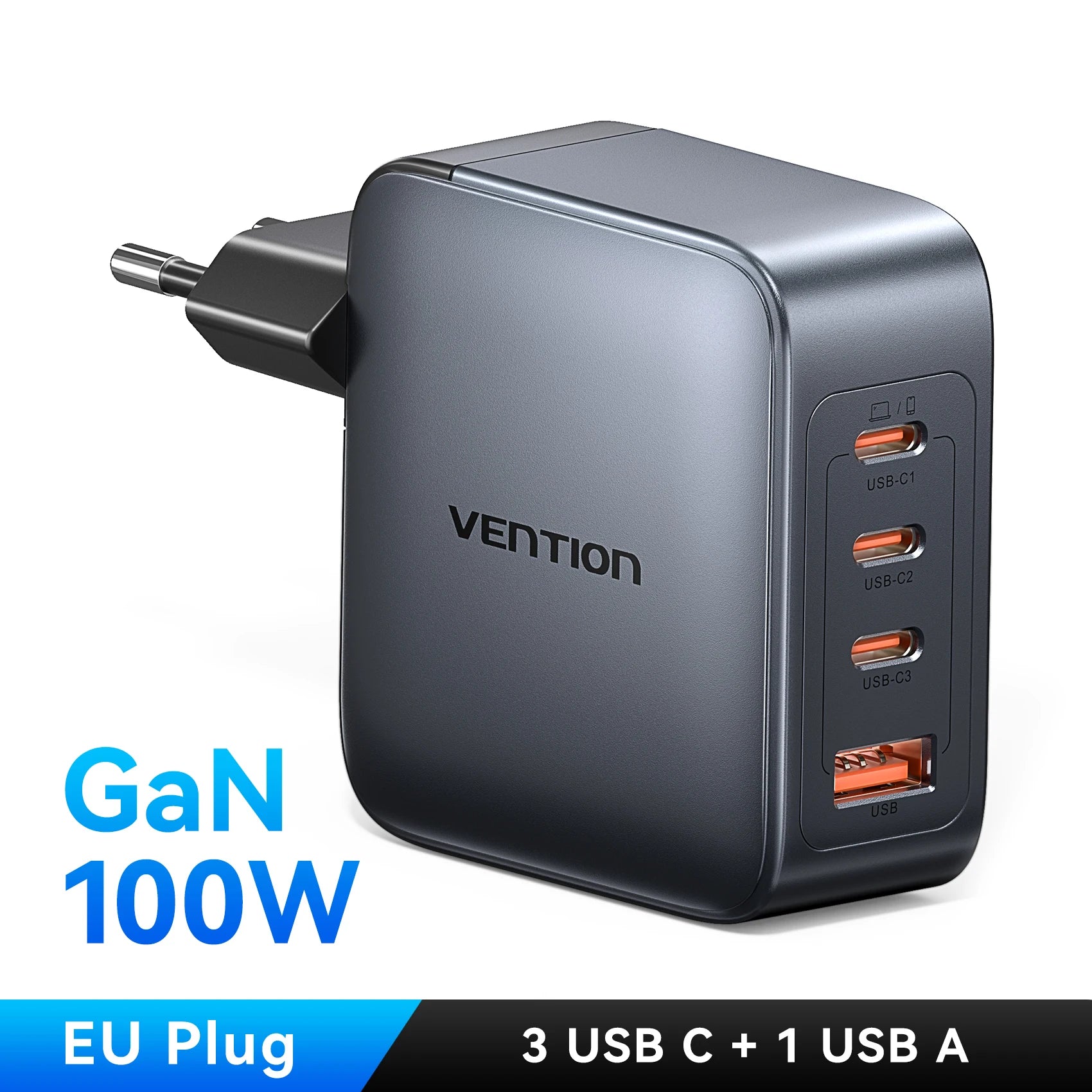 Vention 100W GaN Charger 4-Port (3 USB-C + 1 USB-A) Fast Charging Adapter for Laptop, Smartphone & Tablet