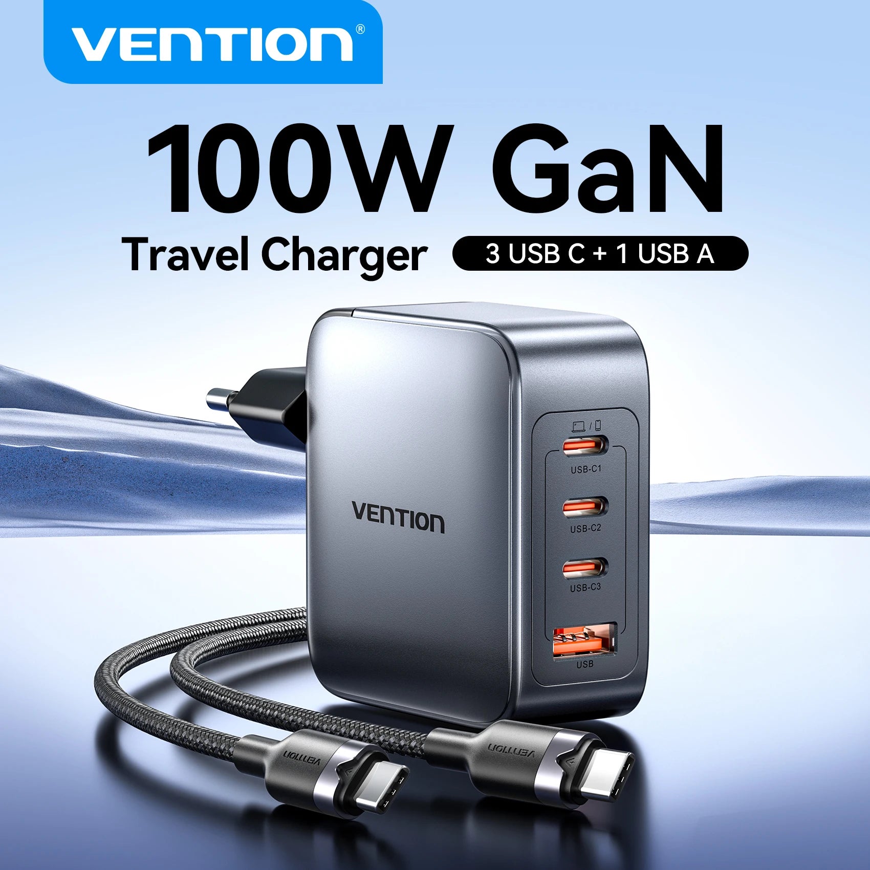 Vention 100W GaN Charger 4-Port (3 USB-C + 1 USB-A) Fast Charging Adapter for Laptop, Smartphone & Tablet