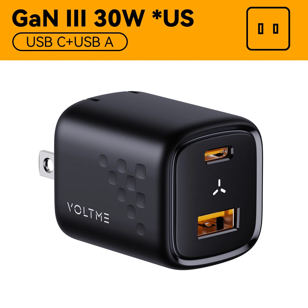 VOLTME 30W GaN Charger USB A + USB C Charger Fast Charging PD 3.0 QC 4.0+ Support PPS AFC FCP SCP MTK For iPhone 15 14 Pro Max