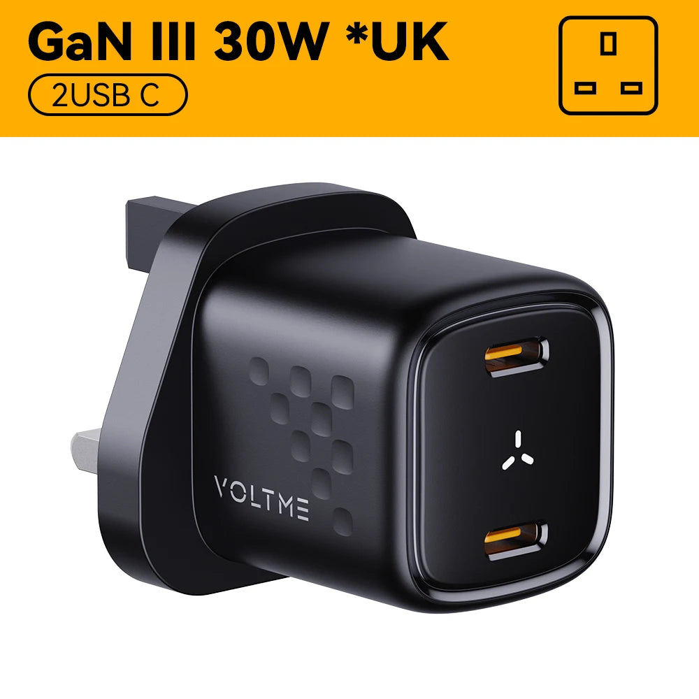 VOLTME 30W GaN Charger USB A + USB C Charger Fast Charging PD 3.0 QC 4.0+ Support PPS AFC FCP SCP MTK For iPhone 15 14 Pro Max