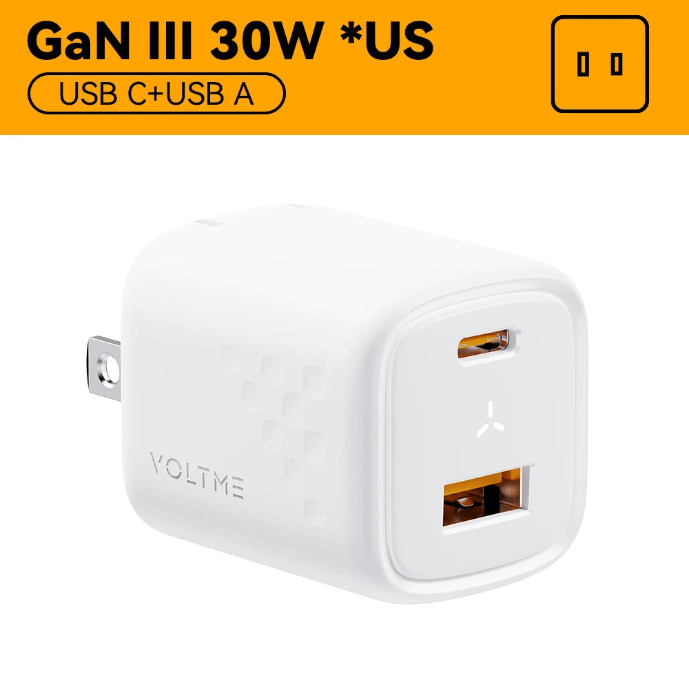 VOLTME 30W GaN Charger USB A + USB C Charger Fast Charging PD 3.0 QC 4.0+ Support PPS AFC FCP SCP MTK For iPhone 15 14 Pro Max