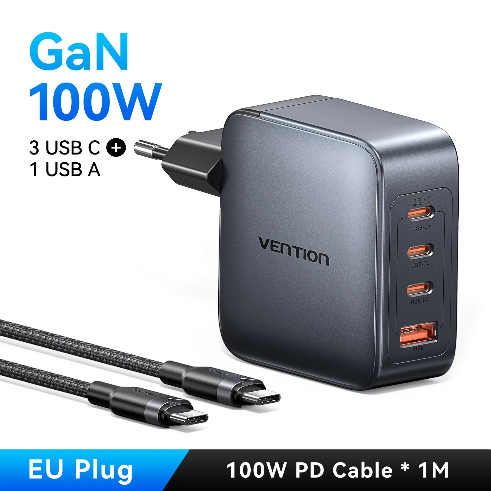 Vention 100W GaN Charger 4-Port (3 USB-C + 1 USB-A) Fast Charging Adapter for Laptop, Smartphone & Tablet