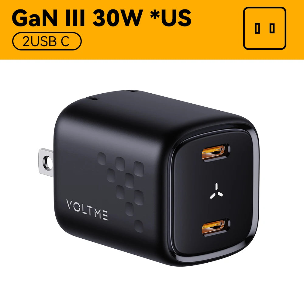 VOLTME 30W GaN Charger USB A + USB C Charger Fast Charging PD 3.0 QC 4.0+ Support PPS AFC FCP SCP MTK For iPhone 15 14 Pro Max