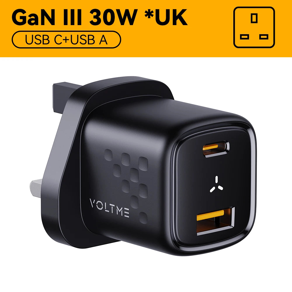 VOLTME 30W GaN Charger USB A + USB C Charger Fast Charging PD 3.0 QC 4.0+ Support PPS AFC FCP SCP MTK For iPhone 15 14 Pro Max