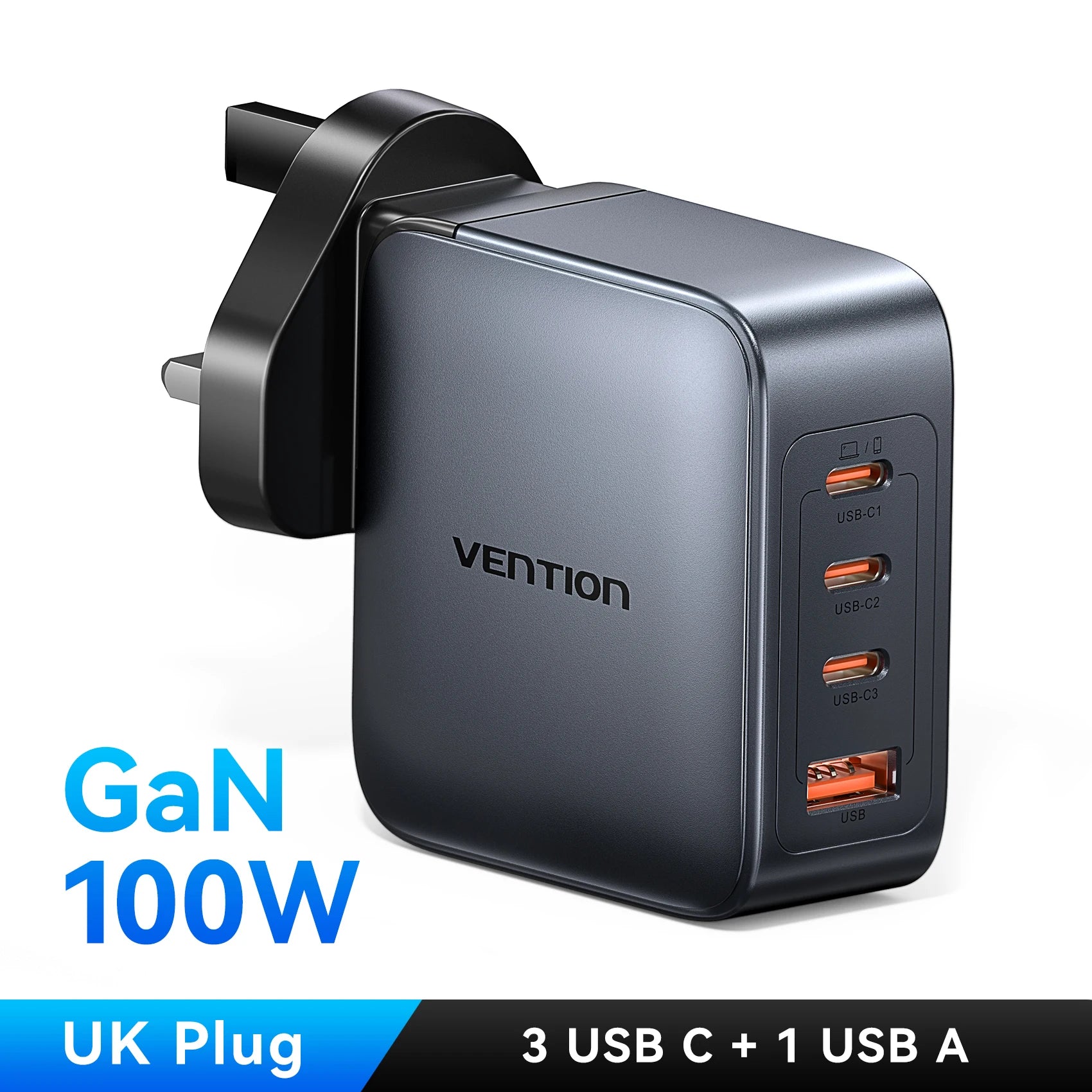 Vention 100W GaN Charger 4-Port (3 USB-C + 1 USB-A) Fast Charging Adapter for Laptop, Smartphone & Tablet