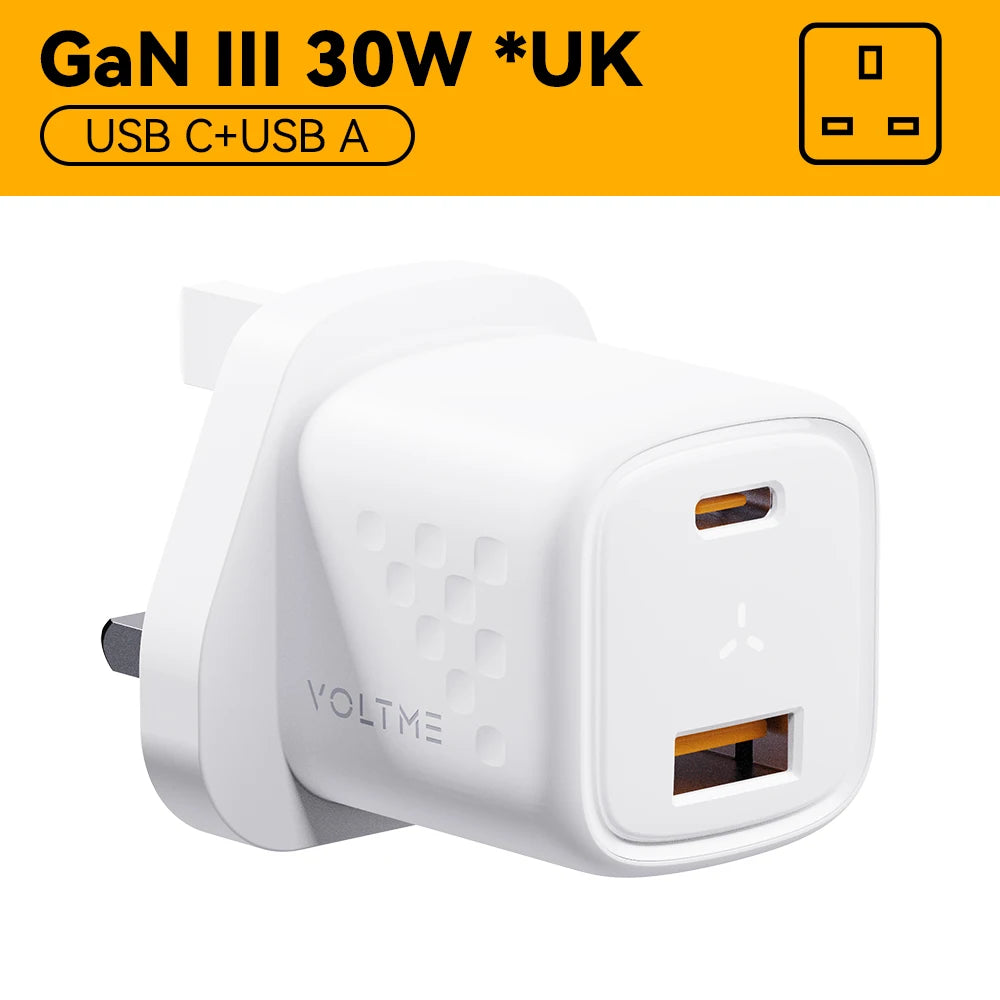 VOLTME 30W GaN Charger USB A + USB C Charger Fast Charging PD 3.0 QC 4.0+ Support PPS AFC FCP SCP MTK For iPhone 15 14 Pro Max