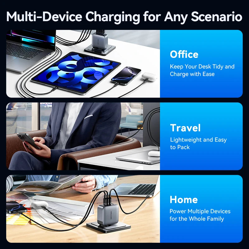 Vention 100W GaN Charger 4-Port (3 USB-C + 1 USB-A) Fast Charging Adapter for Laptop, Smartphone & Tablet